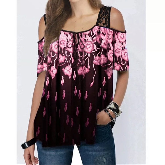Floral & Lace Open Shoulder Shirt! - Picture 4 of 4